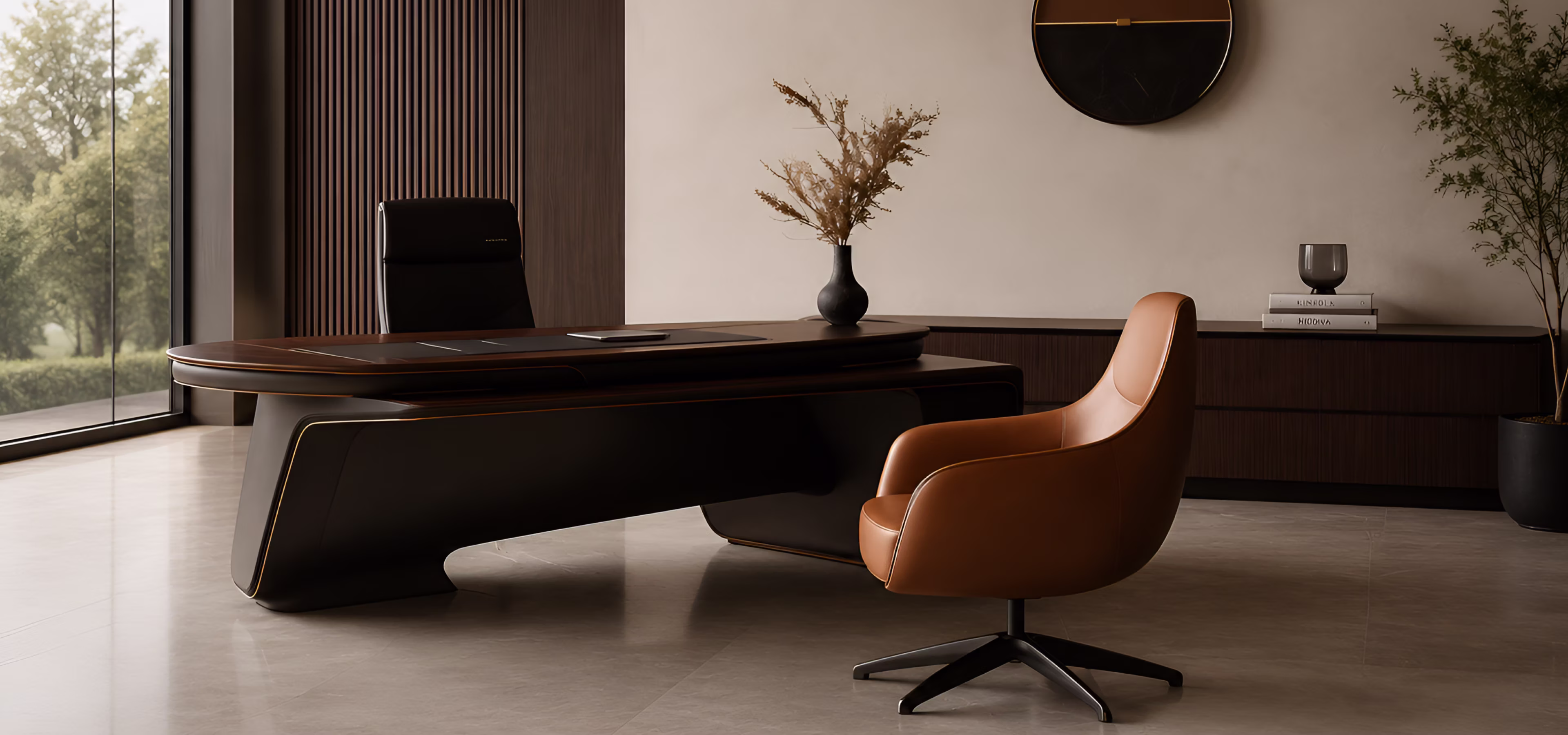 Modern office interior featuring a large dark wood desk with a black office chair behind it, a brown leather swivel chair in front, a black vase with dried plants on the desk, a wall clock, and a sideboard with books and a decorative glass, all set against a light beige wall and a large window revealing green trees outside.