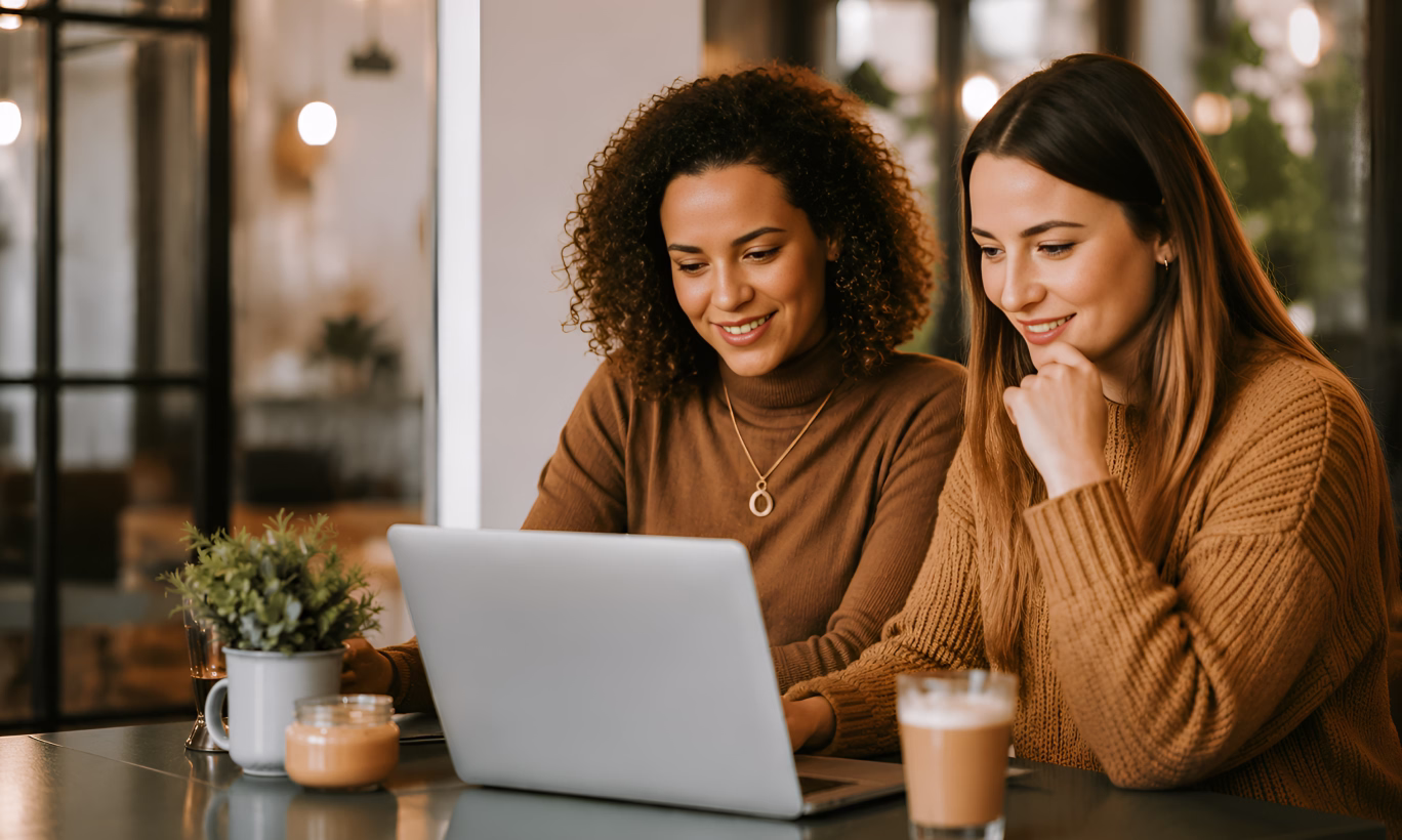 Two women sitting at a table in a modern indoor setting, smiling and looking at a laptop screen together, with drinks and a small plant on the table.