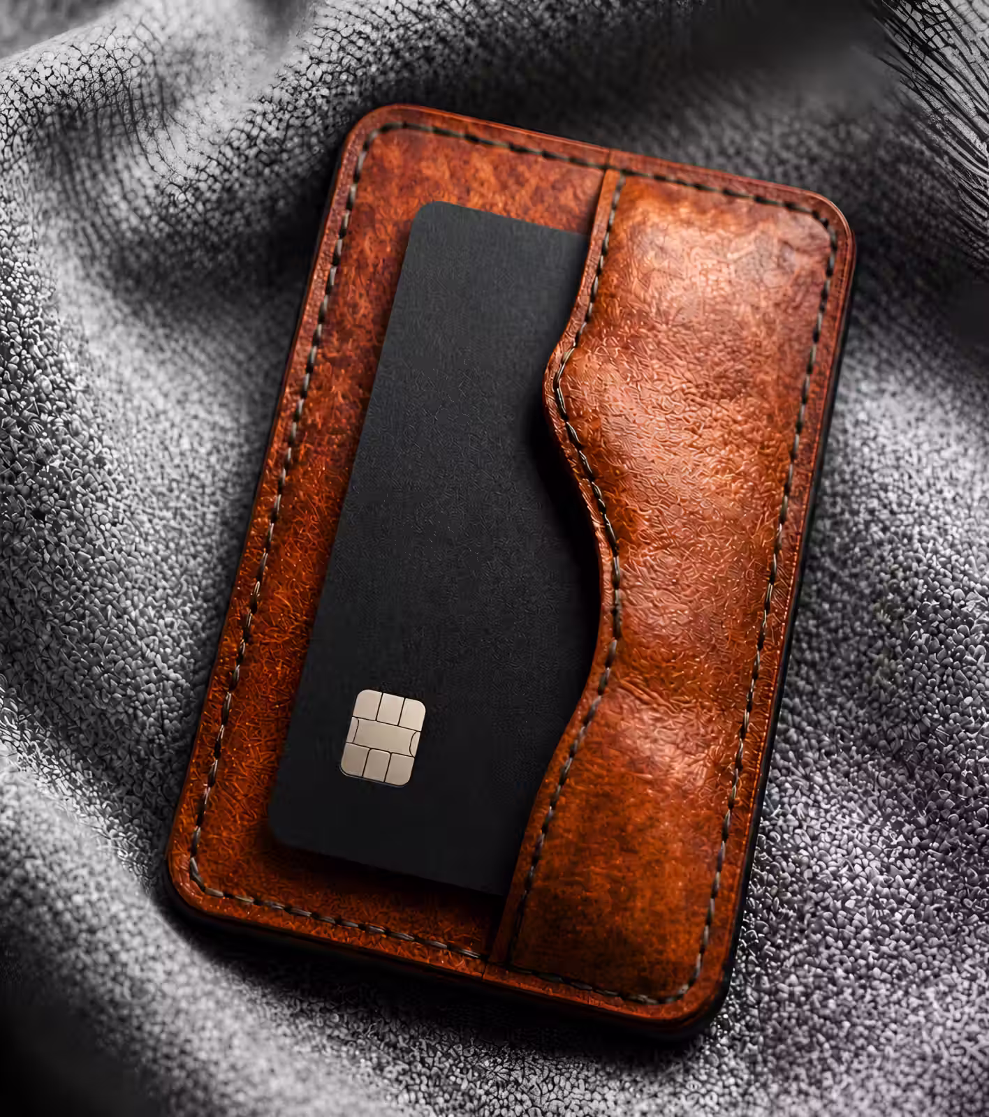 Leather cardholder wallet with a card, resting on a knit sweater