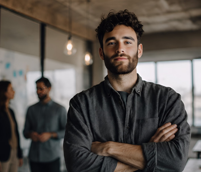 Financial professional standing confidently in a modern office