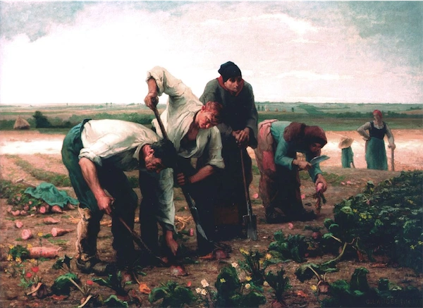 Four farmers bent over working in a field, tending to crops with tools, wearing period clothing including caps and boots, with two women standing and observing in the background under a cloudy sky.