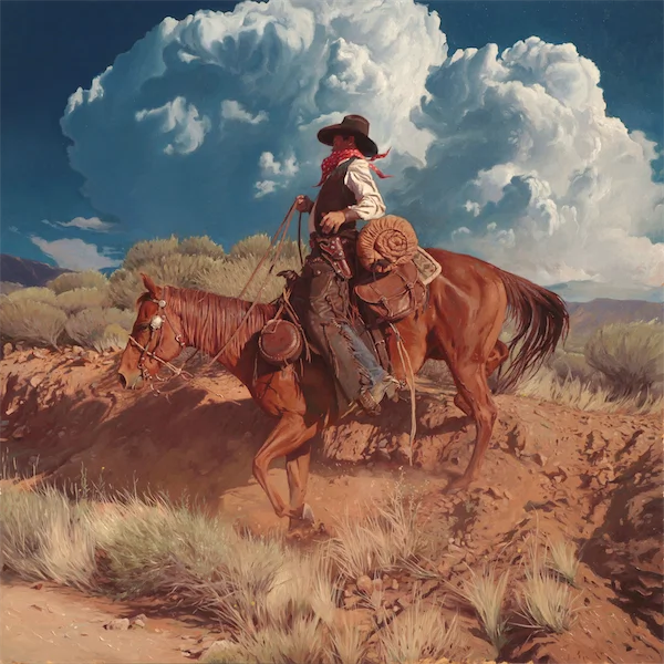 A cowboy wearing a red bandana and wide-brimmed hat rides a brown horse on a dusty trail surrounded by dry grass and shrubs, with large dramatic clouds in a blue sky above.