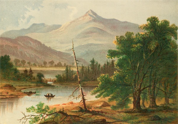 A serene landscape painting featuring a calm river with a small boat carrying two figures, surrounded by dense green trees and rocky banks, with towering mountains in the background under a partly cloudy sky.