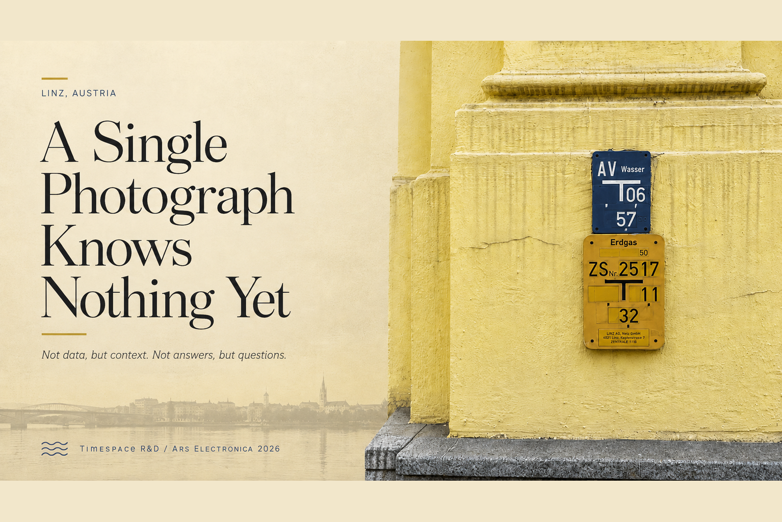 Cover for 'One Photograph Still Knows Nothing': a real photo of water and Erdgas utility plates on a yellow wall in Linz, Austria, with a faint Danube skyline