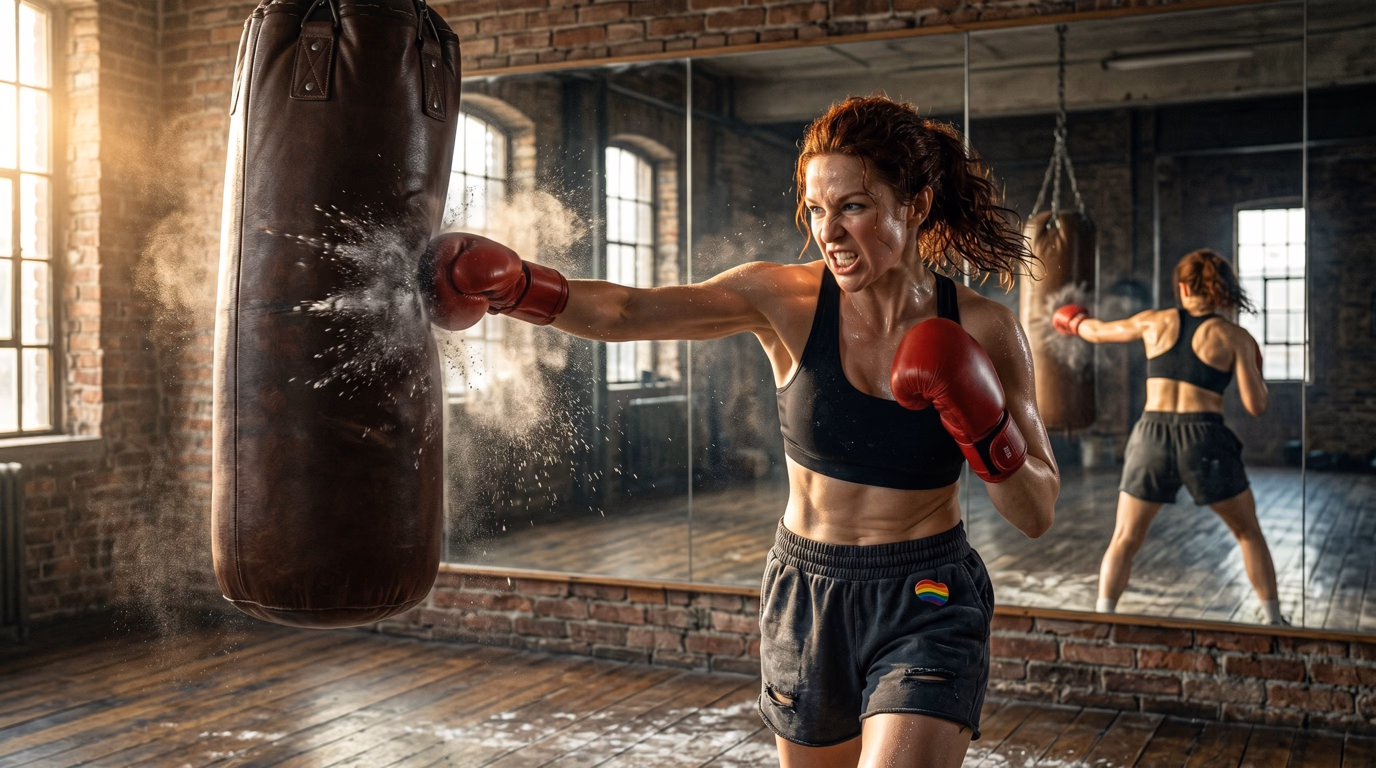 Woman wearing red boxing gloves and athletic wear fiercely punches a heavy bag inside a spacious gym with exposed brick walls and large windows, with her reflection visible in a large mirror behind her.