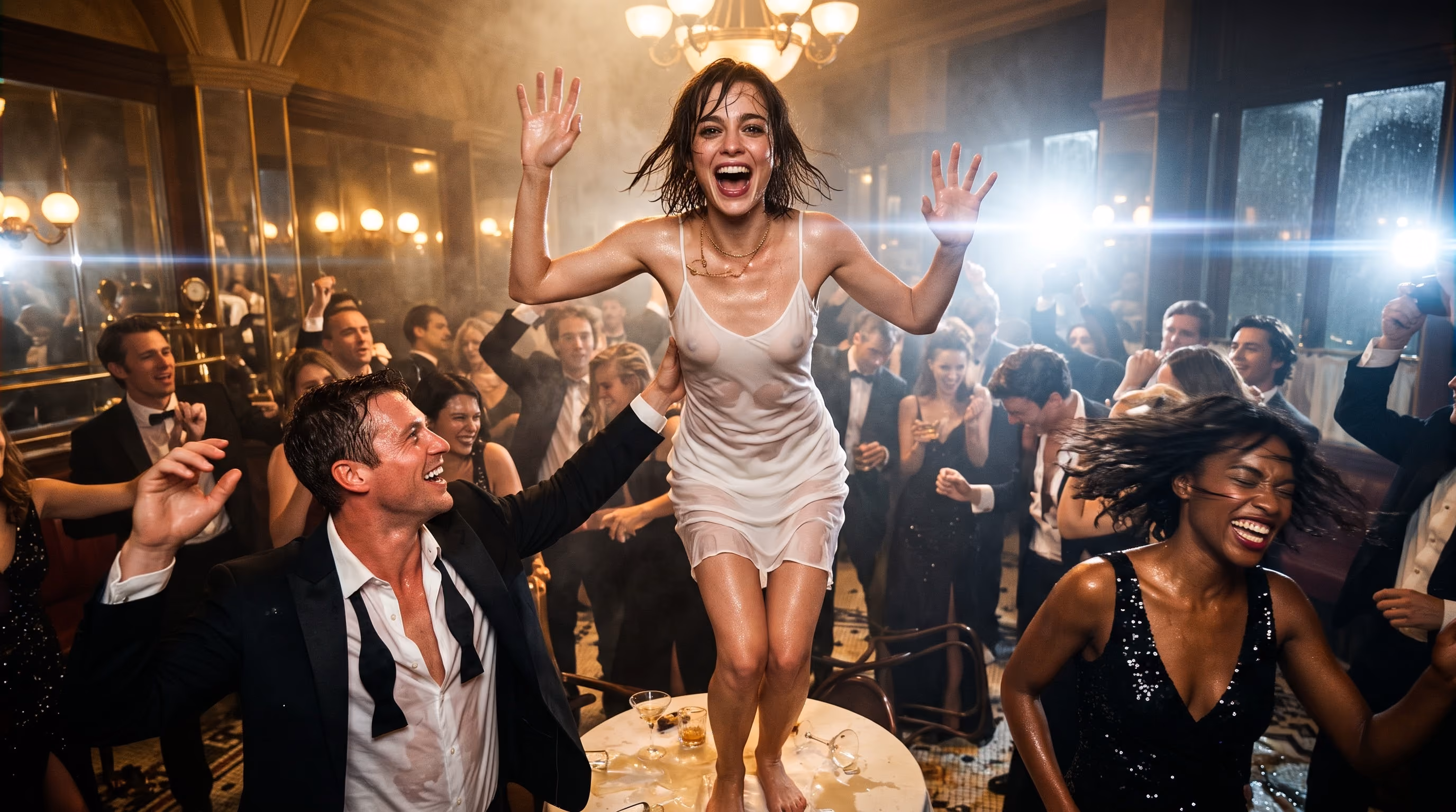 Woman in a white dress standing and cheering on a table at a lively party surrounded by smiling people dressed in formal attire, with bright lights and a chandelier overhead.