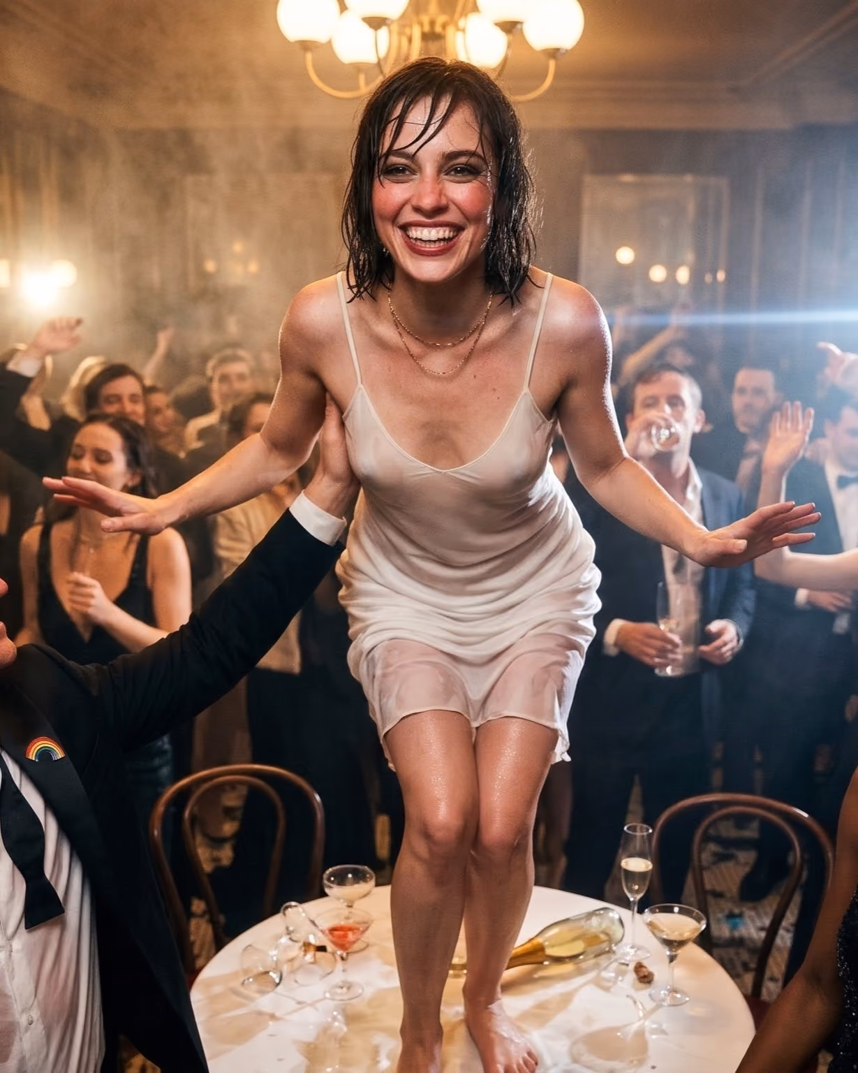 A joyful woman in a white slip dress stands on a table at a lively party, smiling broadly with wet hair, surrounded by people in formal attire who are cheering and holding drinks.