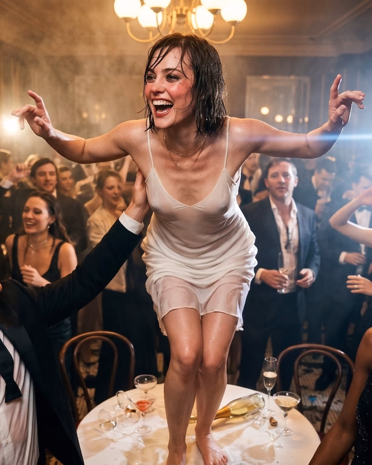 Joyful woman with wet hair wearing a white slip dress standing on a table, arms outstretched, surrounded by people in formal attire at a lively party with drinks on the table.