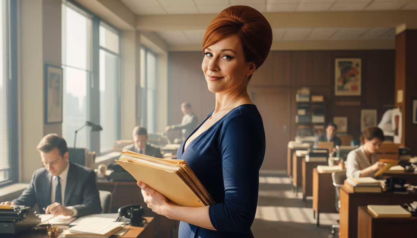 A woman with red hair styled in a vintage updo stands in a sunlit office holding several manila folders, while office workers sit at desks with typewriters in the background.