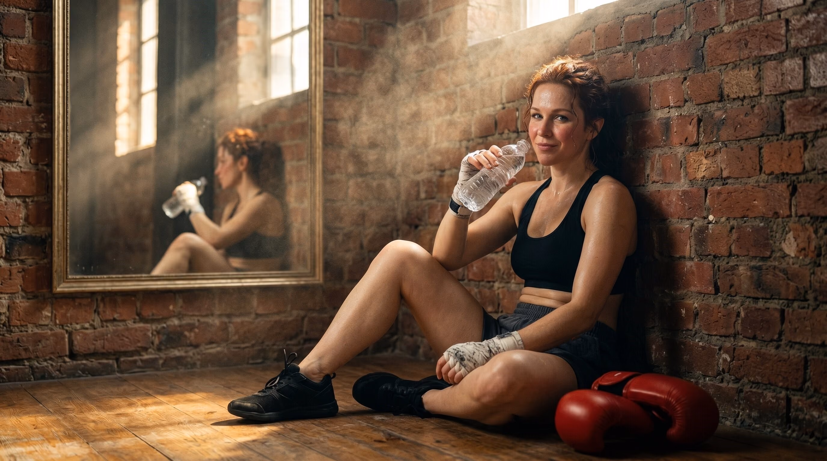 Woman in boxing gear resting against a brick wall, drinking water, with boxing gloves on the floor.