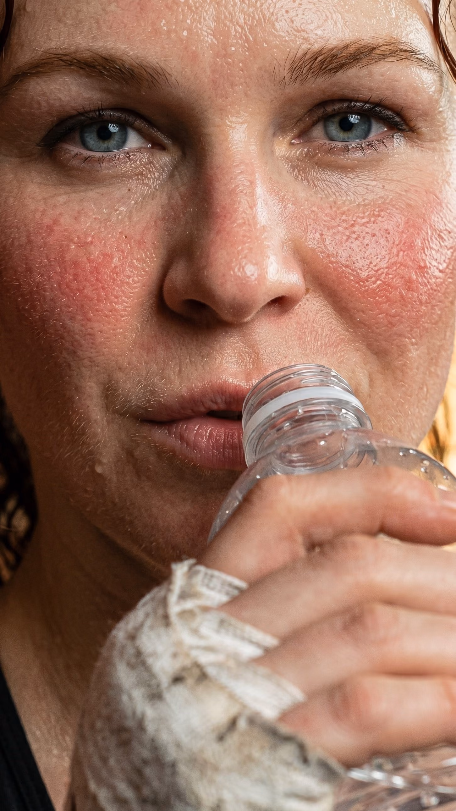 Close-up of a sweaty woman with flushed cheeks drinking water from a clear plastic bottle, her hand wrapped in a worn white fabric bandage.