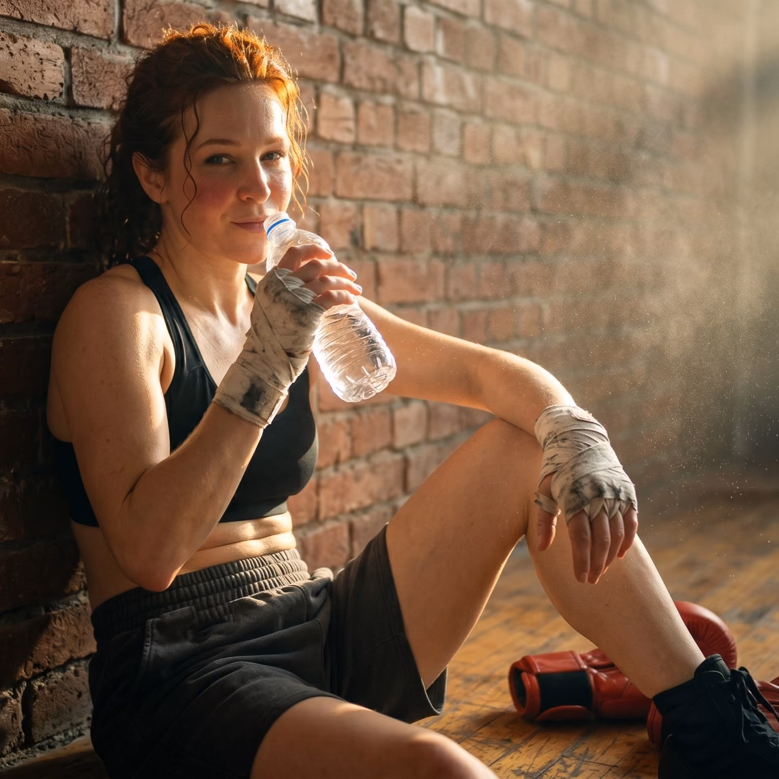 A woman with wrapped hands in boxing gear sits on a wooden floor against a brick wall, drinking water from a plastic bottle, with red boxing gloves beside her.