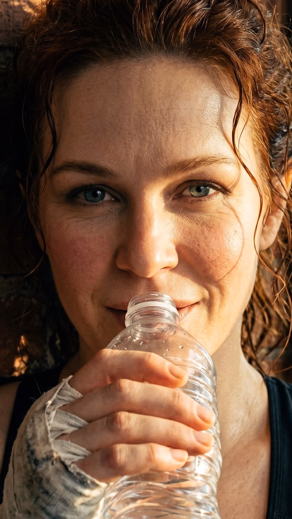 Close-up of a woman with wet, curly hair and blue eyes drinking water from a plastic bottle, wearing a wrapped hand bandage.