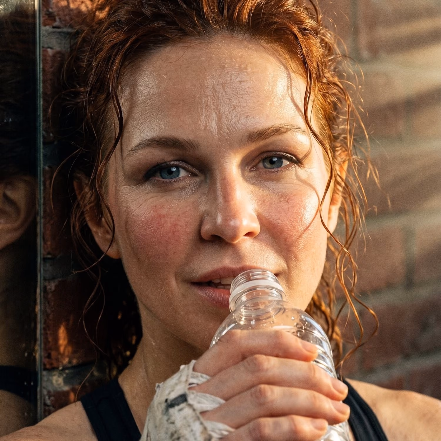Close-up of a woman with wet, curly reddish-brown hair drinking from a clear plastic water bottle, resting against a brick wall and glass with sunlight illuminating her face.