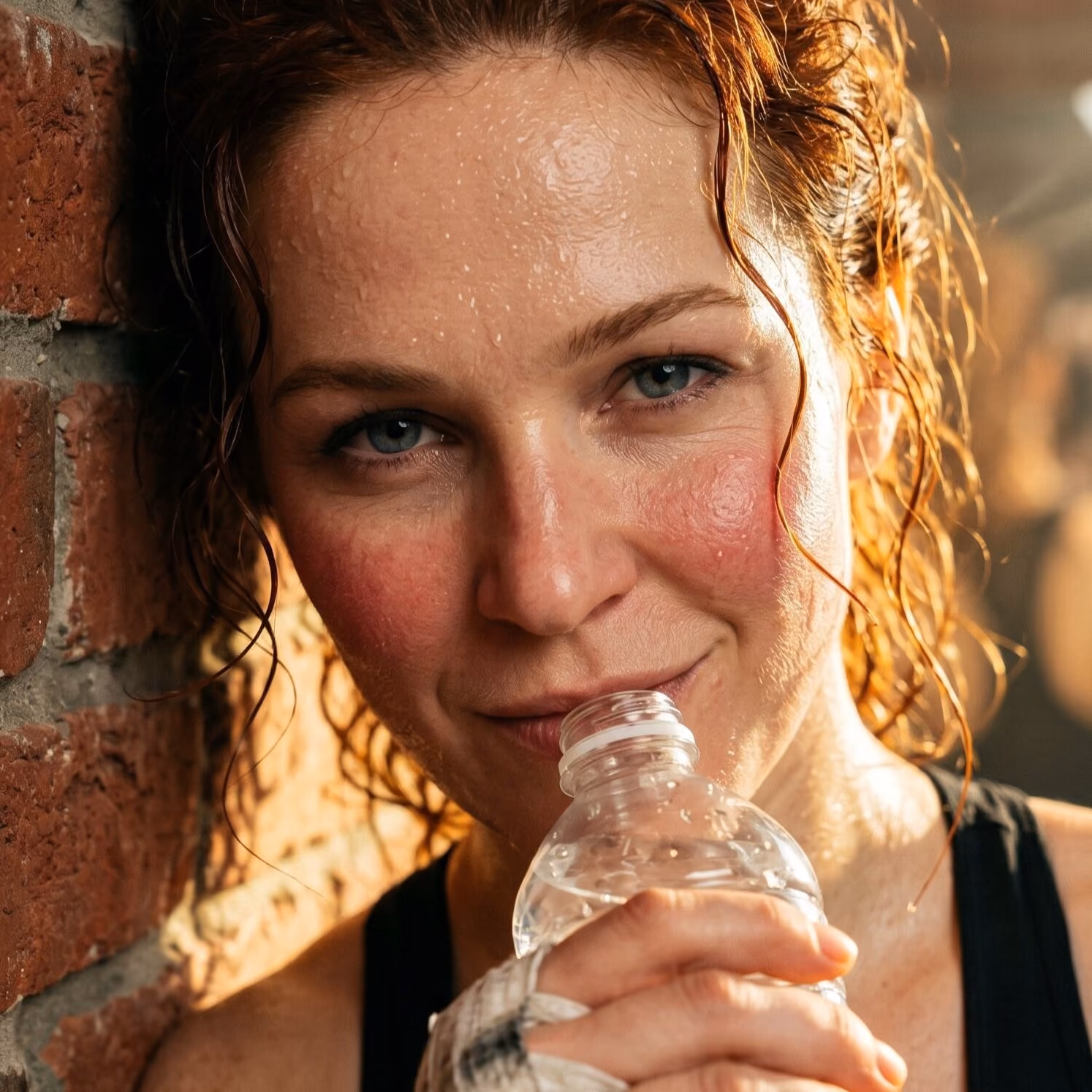 Close-up of a sweaty woman with light blue eyes and wet reddish hair resting against a brick wall while holding a water bottle near her mouth.