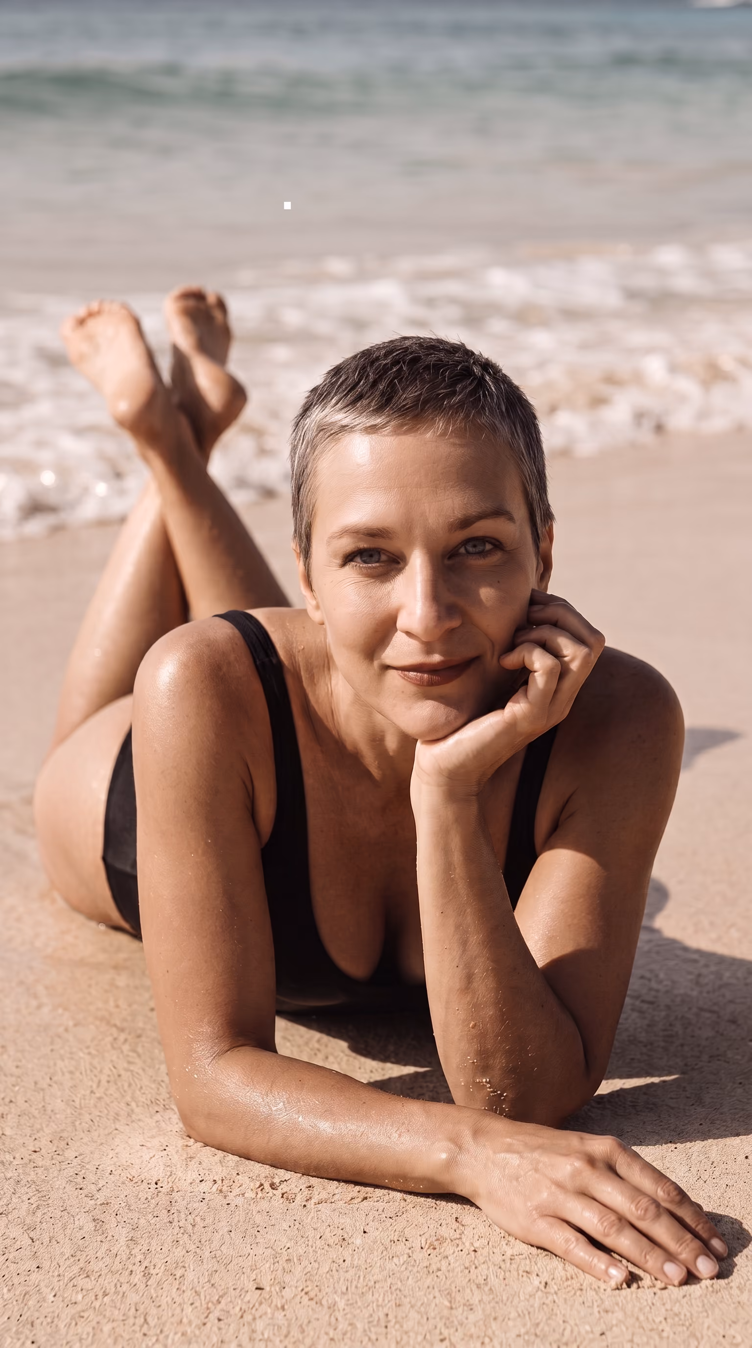 Woman with short hair lying on her stomach on a sandy beach wearing a black swimsuit, propping her head with one hand and looking at the camera with a slight smile, ocean waves in the background.