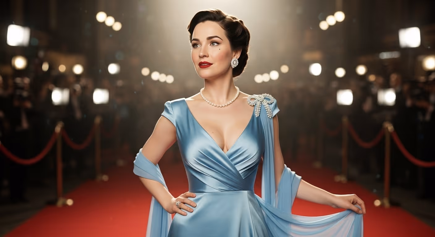 Elegant woman with vintage hairstyle and pearl jewelry wearing a shiny blue satin gown, posing confidently on a red carpet with blurred photographers and bright lights in the background.