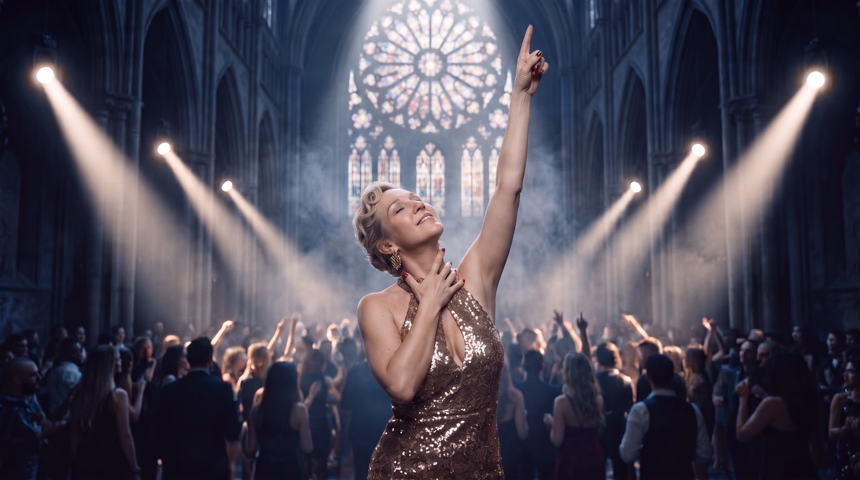 Woman in a sparkling gold dress with short blonde hair stands in a cathedral-like hall, joyfully raising one arm upward and touching her chest with the other hand, with a crowd and bright stage lights behind her under a large stained-glass window.
