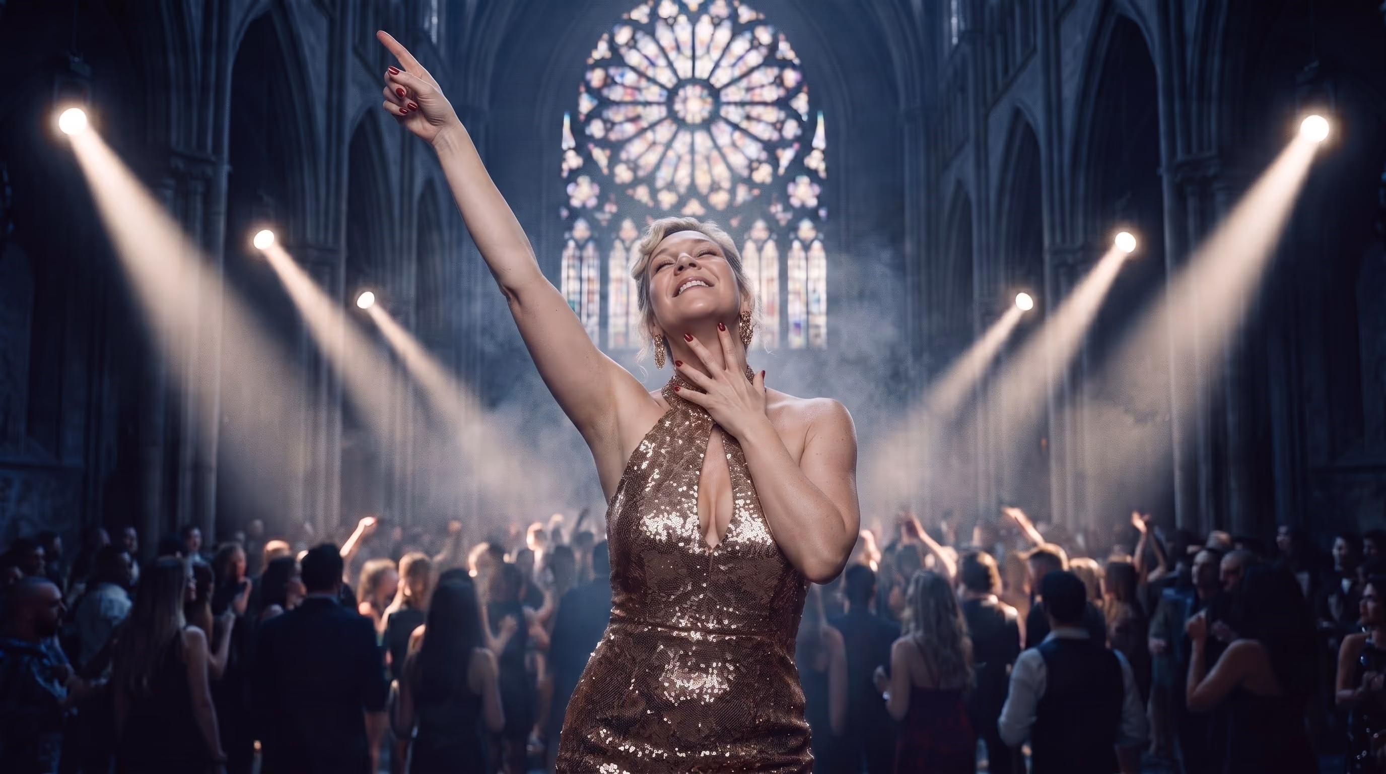 Woman in a sparkling gold dress passionately singing or performing with one arm raised in a grand hall with stained glass windows and spotlights, in front of an audience.