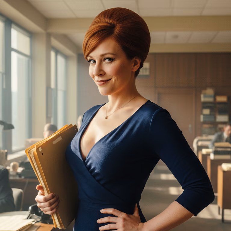 Confident woman with red hair styled in a vintage updo, wearing a navy blue dress, holding folders in an office setting.