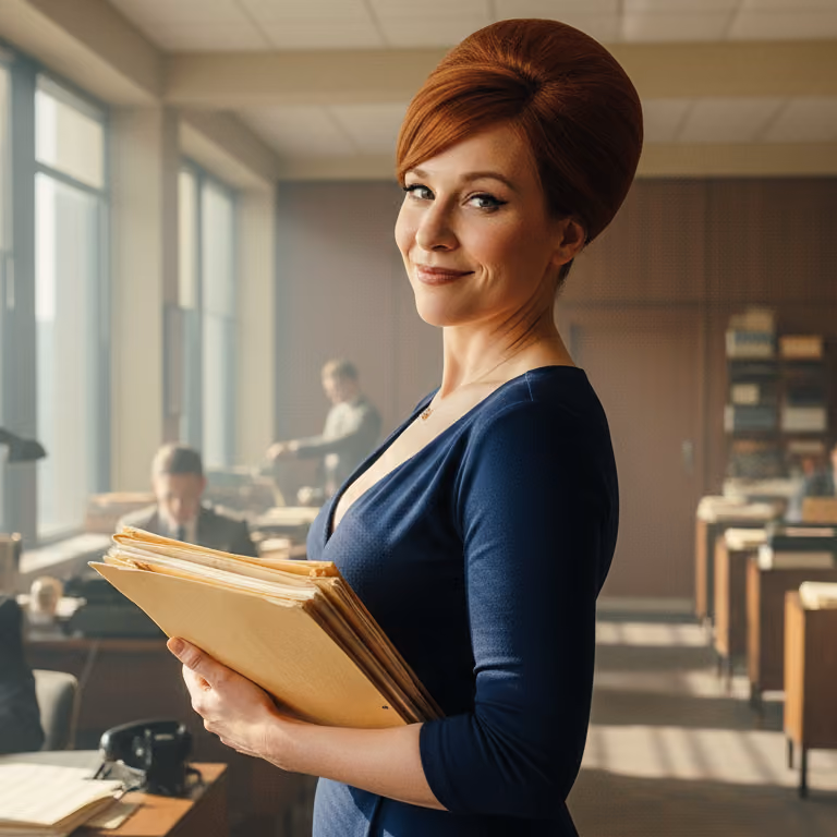 Smiling woman with red hair styled in a vintage updo, wearing a navy blue dress, holding a stack of folders in an office with large windows and desks in the background.