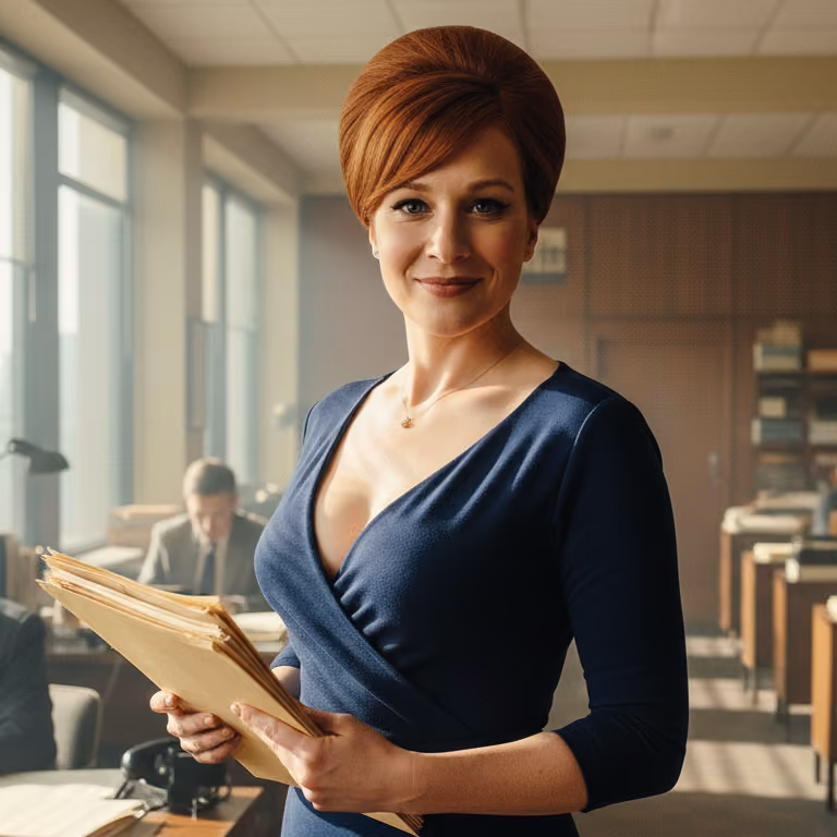 Smiling woman with auburn hair styled in a retro updo, wearing a navy blue dress, holding a stack of folders, standing in a sunlit office with large windows and desks in the background.