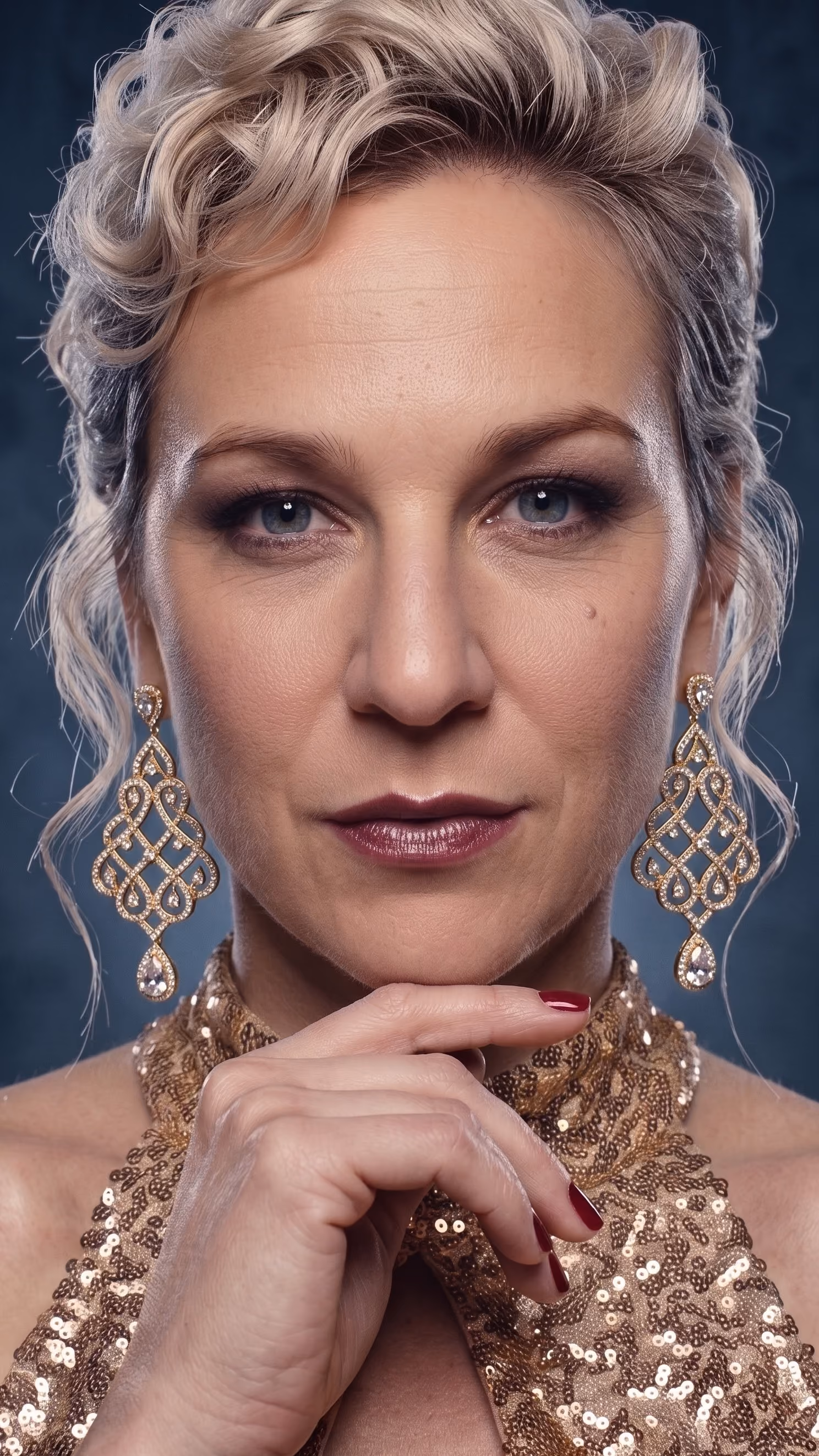 Close-up portrait of a woman with curled blonde hair wearing large ornate gold earrings and a sequined gold dress, with her hand near her chin showing red nail polish.