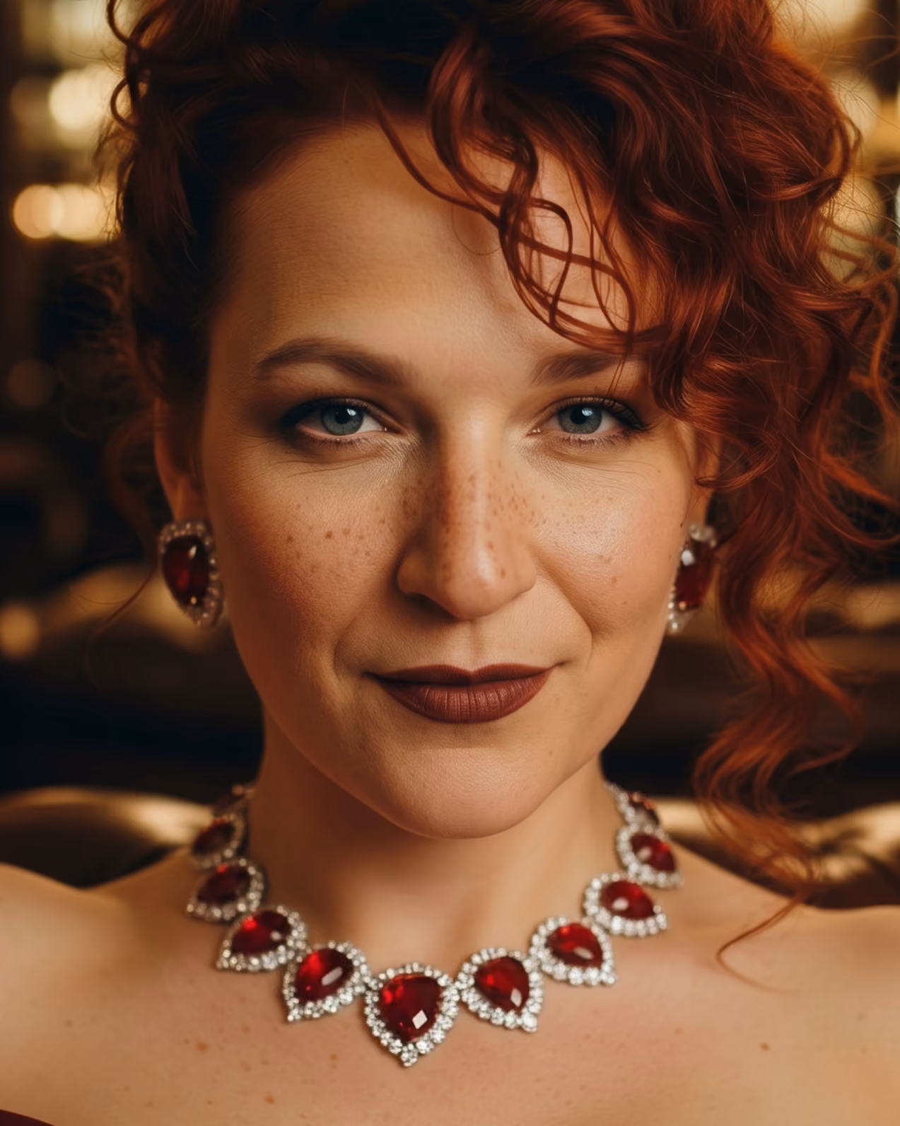 Close-up portrait of a woman with curly red hair, blue eyes, and freckles, wearing dark lipstick and a matching red and silver necklace and earrings set.