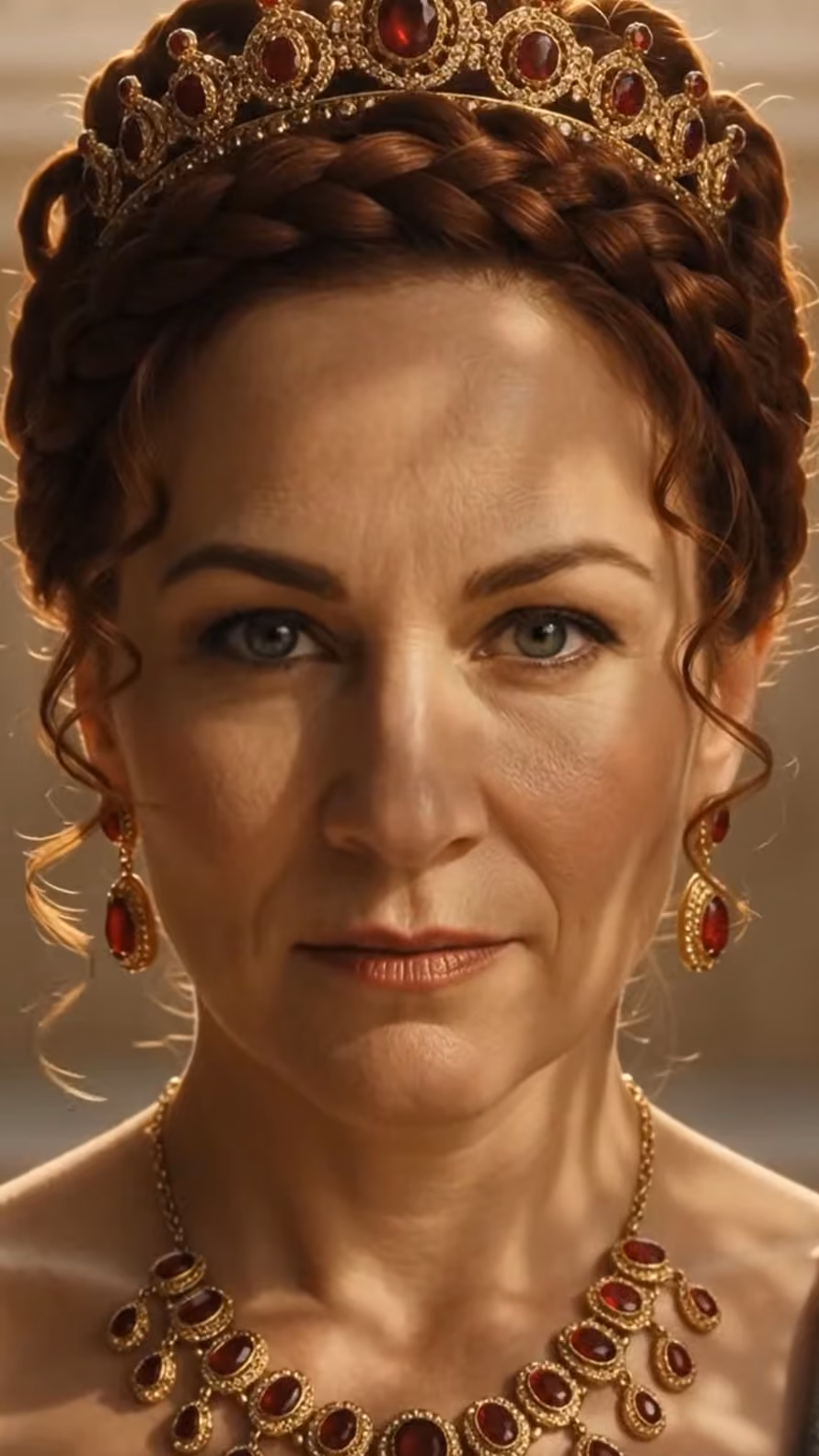 Portrait of a woman with braided hair wearing a gold crown and matching jewelry with red gemstones, looking directly forward with a serious expression.