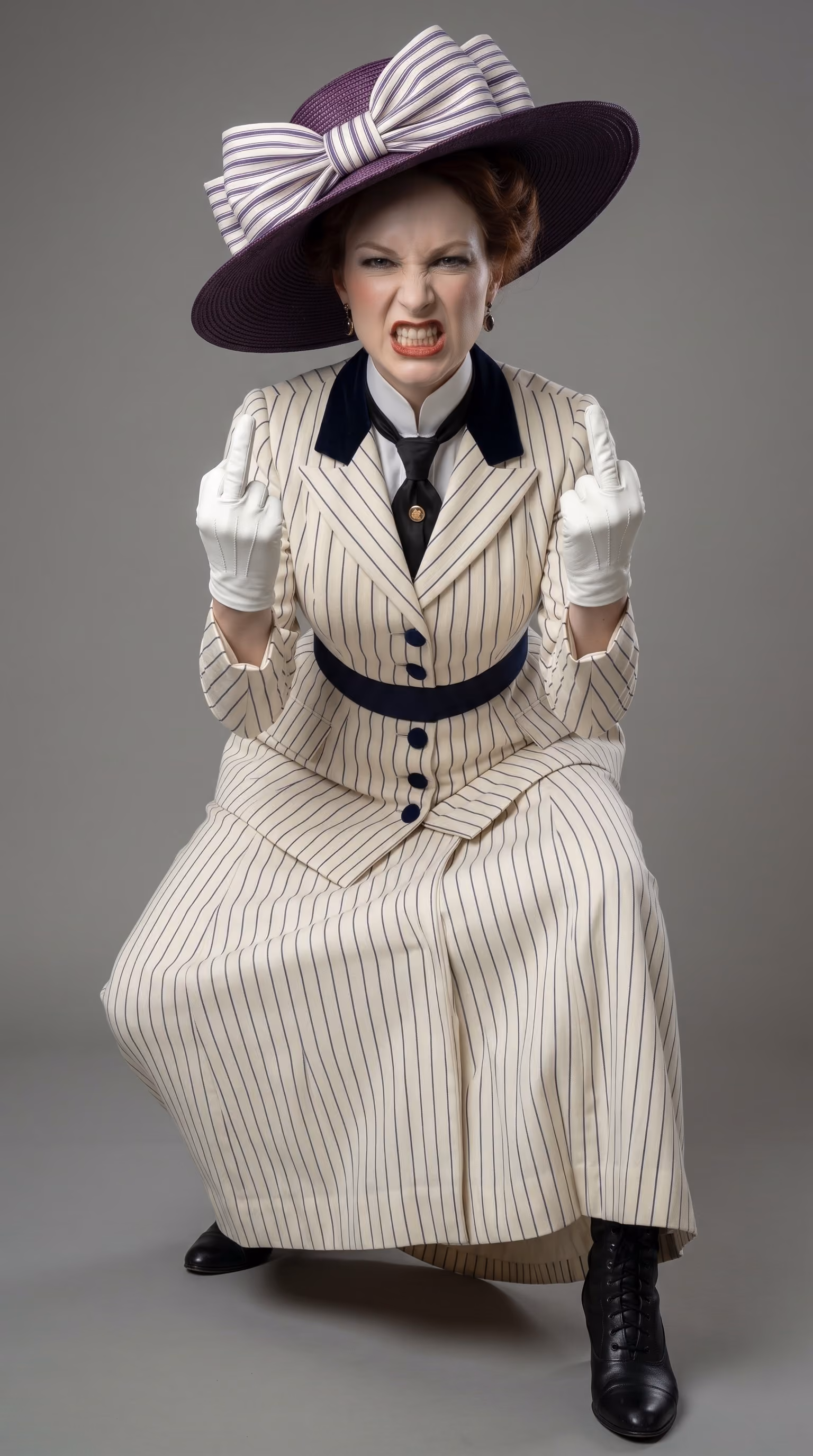 A woman dressed in vintage pinstriped attire with a large purple hat decorated with a striped bow, white gloves, and black boots, crouches and angrily shows both middle fingers while grimacing.
