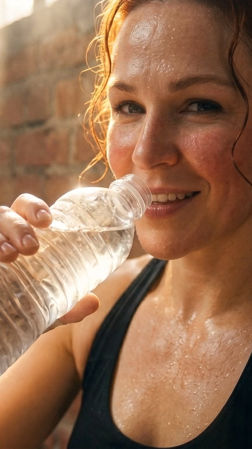 Close-up of a smiling woman with wet skin drinking water from a clear plastic bottle, wearing a black tank top, with a brick wall background.