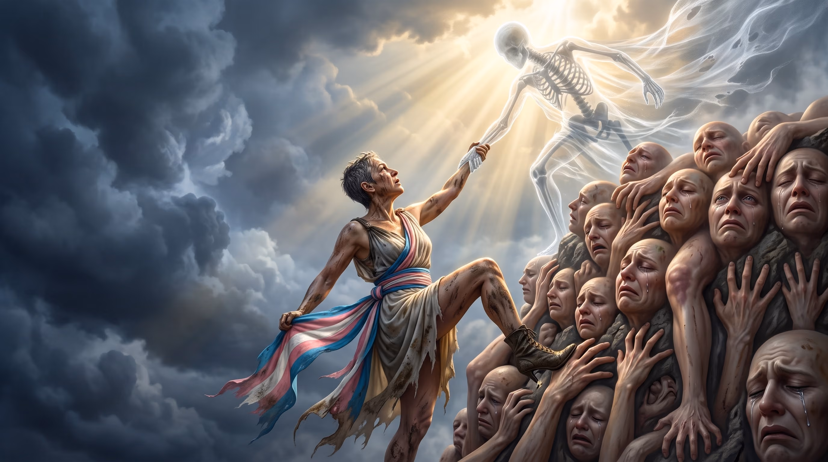 A muscular person wearing tattered clothes with transgender pride colors climbs a pile of distressed human faces and reaches upward, grasping the hand of a glowing skeletal figure emerging from light rays breaking through dark clouds.