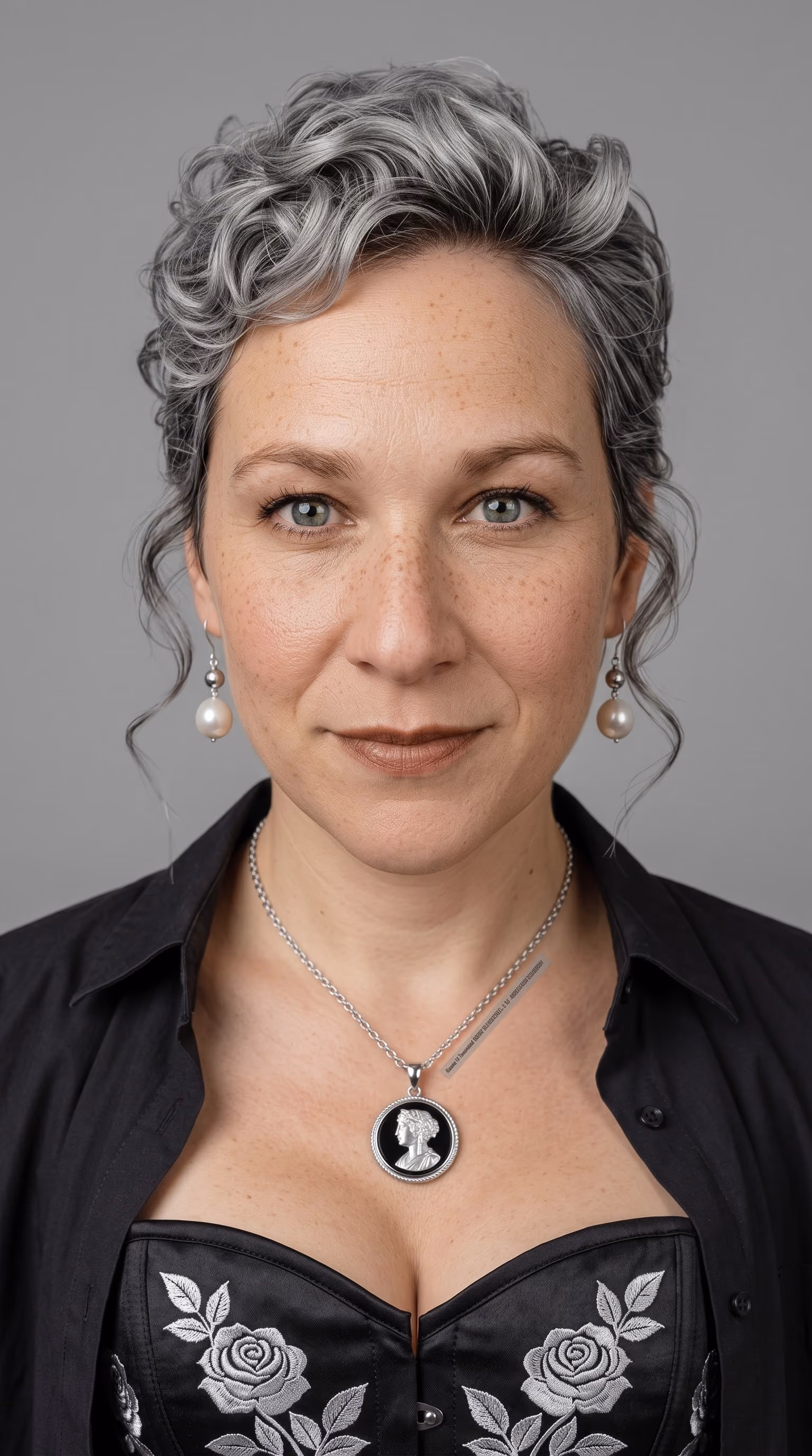 Close-up portrait of a confident woman with short curly gray hair, light green eyes, and freckles, wearing pearl drop earrings, a black shirt, and a black corset with white rose embroidery, accessorized with a silver necklace featuring a cameo pendant.