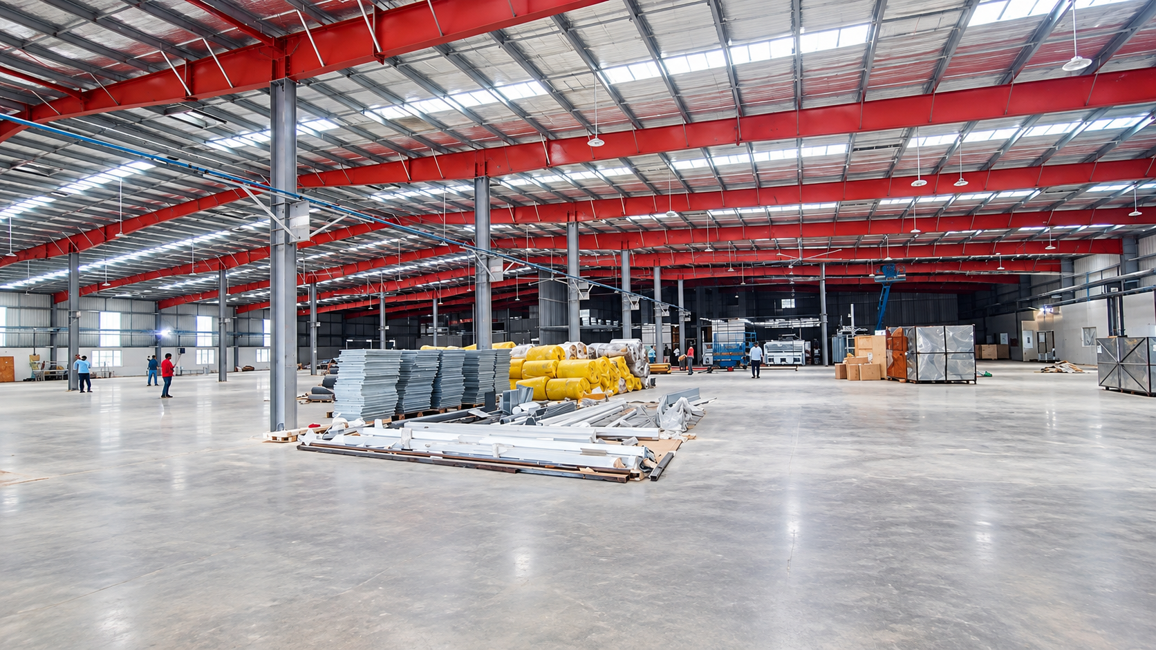 Inside the plant shed, structurally complete, with materials and equipment still being organized on the floor.