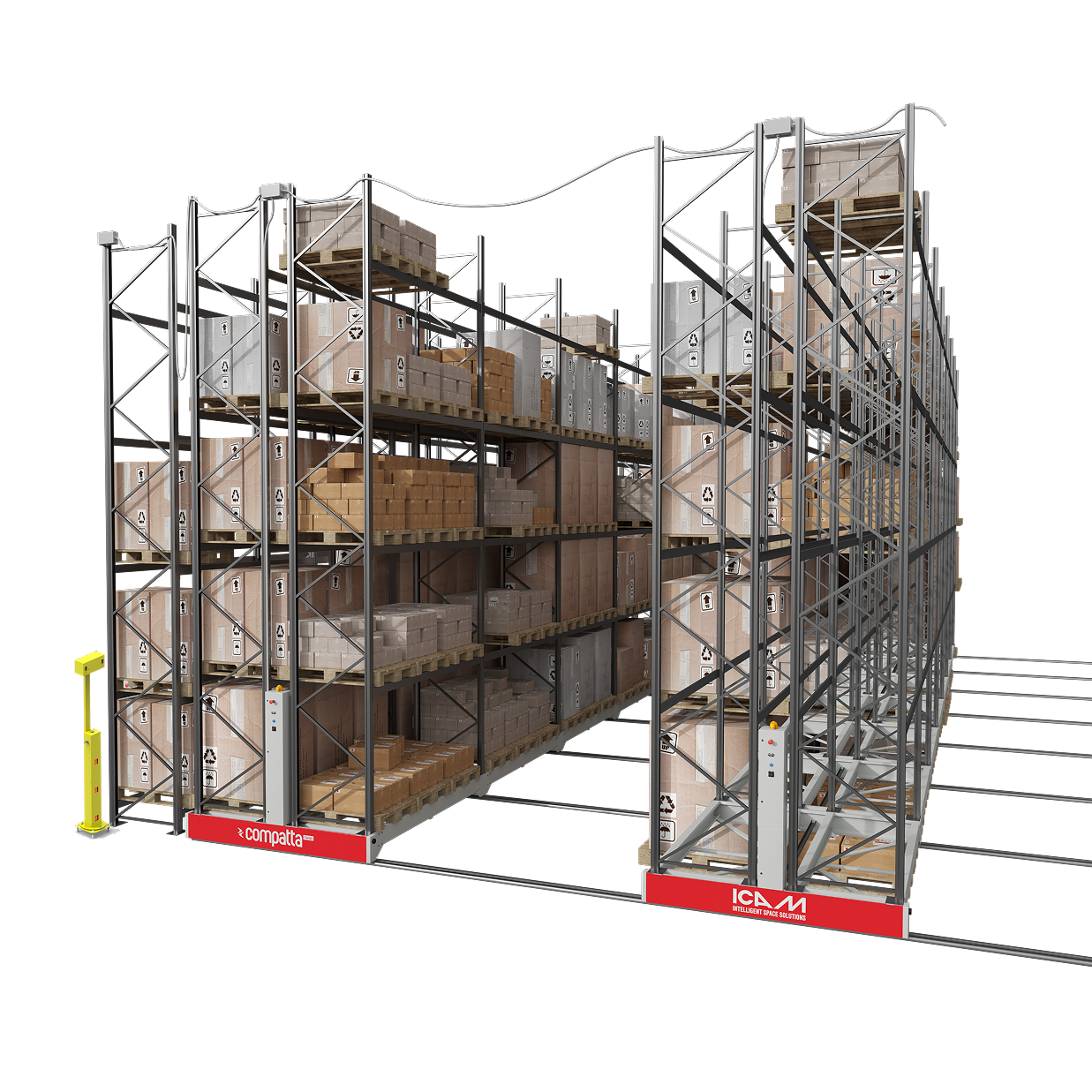 ICAM Compatta mobile pallet racking system, aisle view