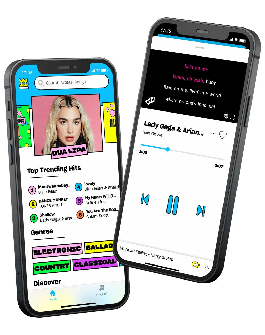 Screenshot of karaoke on the Sing King app with Dua Lipa as a trending hit and Lady Gaga's song with Ariana Grande