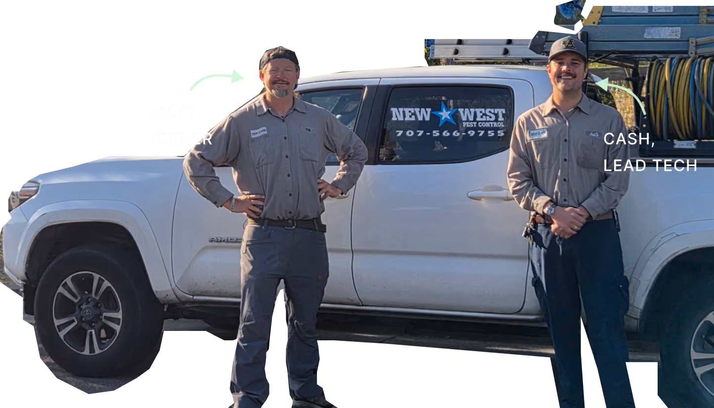 Two pest control workers, Matt and Cash, stand in front of a New West Pest Control truck with equipment.