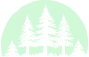 Silhouettes of pine trees of varying heights in front of a light green circular background.