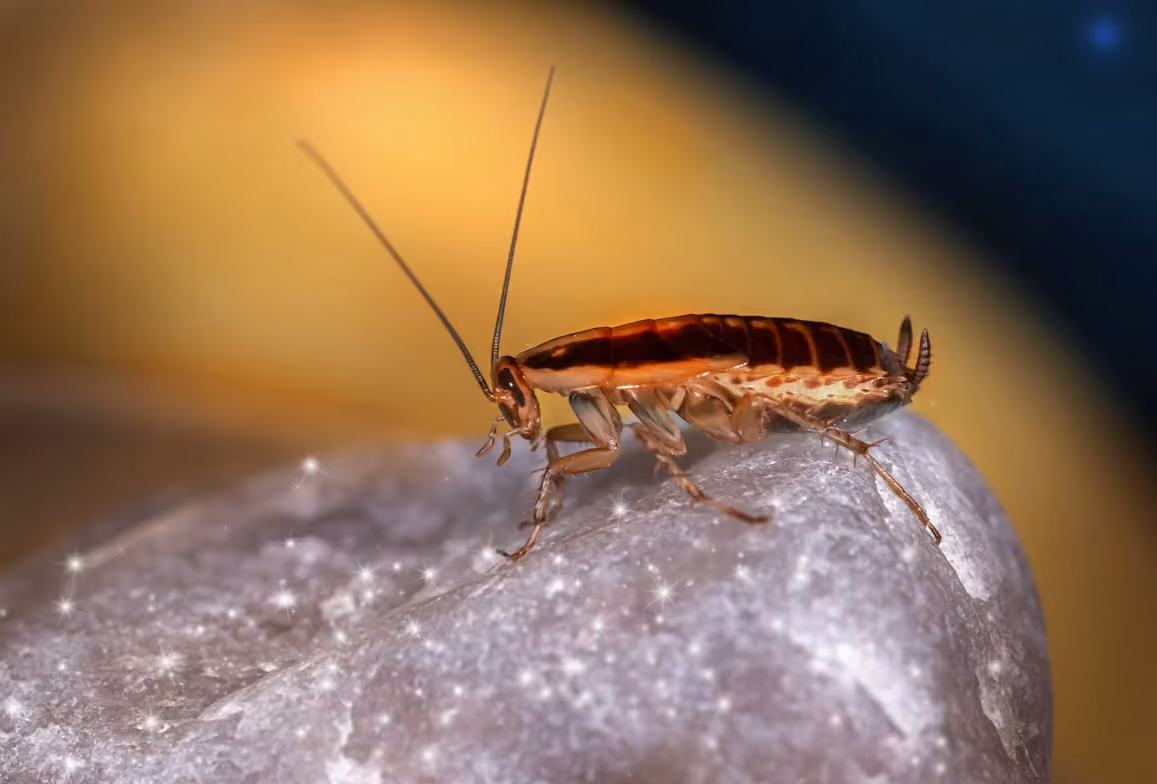 Close-up of a brown cockroach on a textured gray rock with a blurred background.
