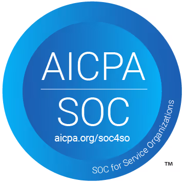 Blue circular AICPA SOC badge with text 'SOC for Service Organizations' and URL aicpa.org/soc4so.