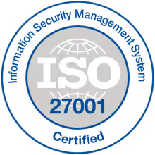 ISO 27001 certified badge for Information Security Management System with globe icon.
