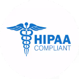 Blue HIPAA compliant logo with caduceus medical symbol on white background.