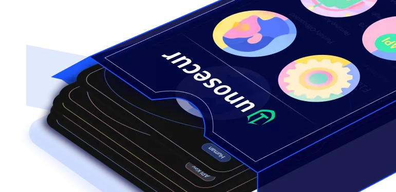 Blue cardholder with translucent card showing icons and the text 'unosecur'.