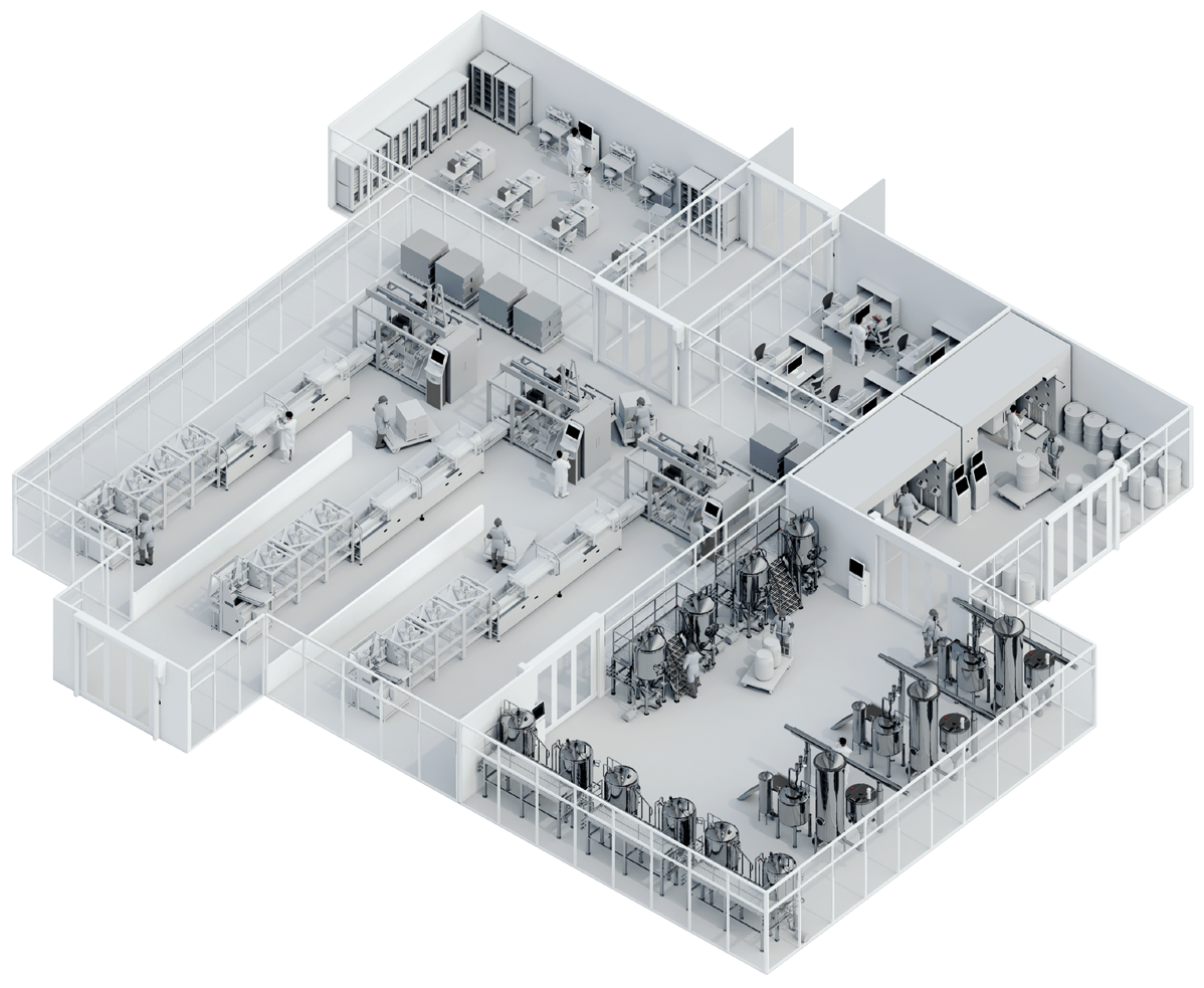Isometric view of a pharmaceutical manufacturing plant floor