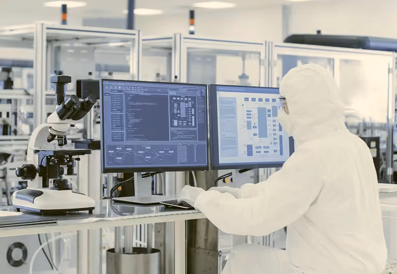 Operator using Vimachem digital forms and eLogbooks on a pharmaceutical production line