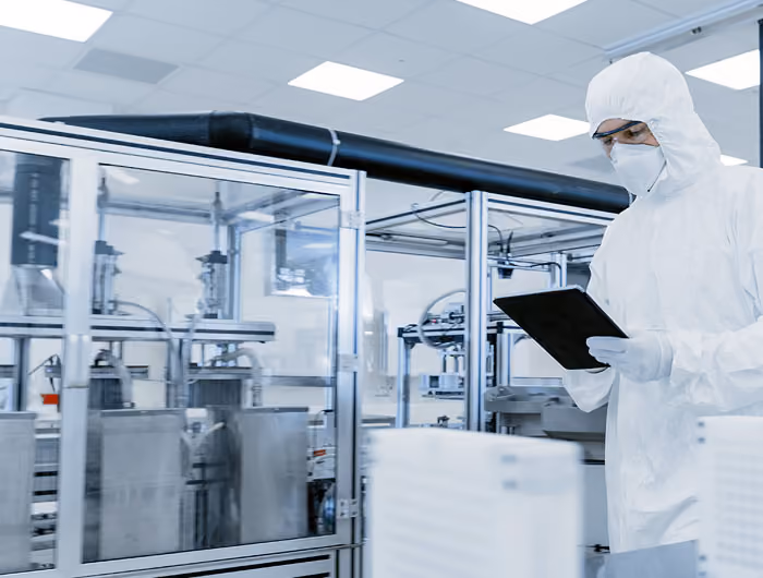Technicians working in a pharmaceutical production cleanroom
