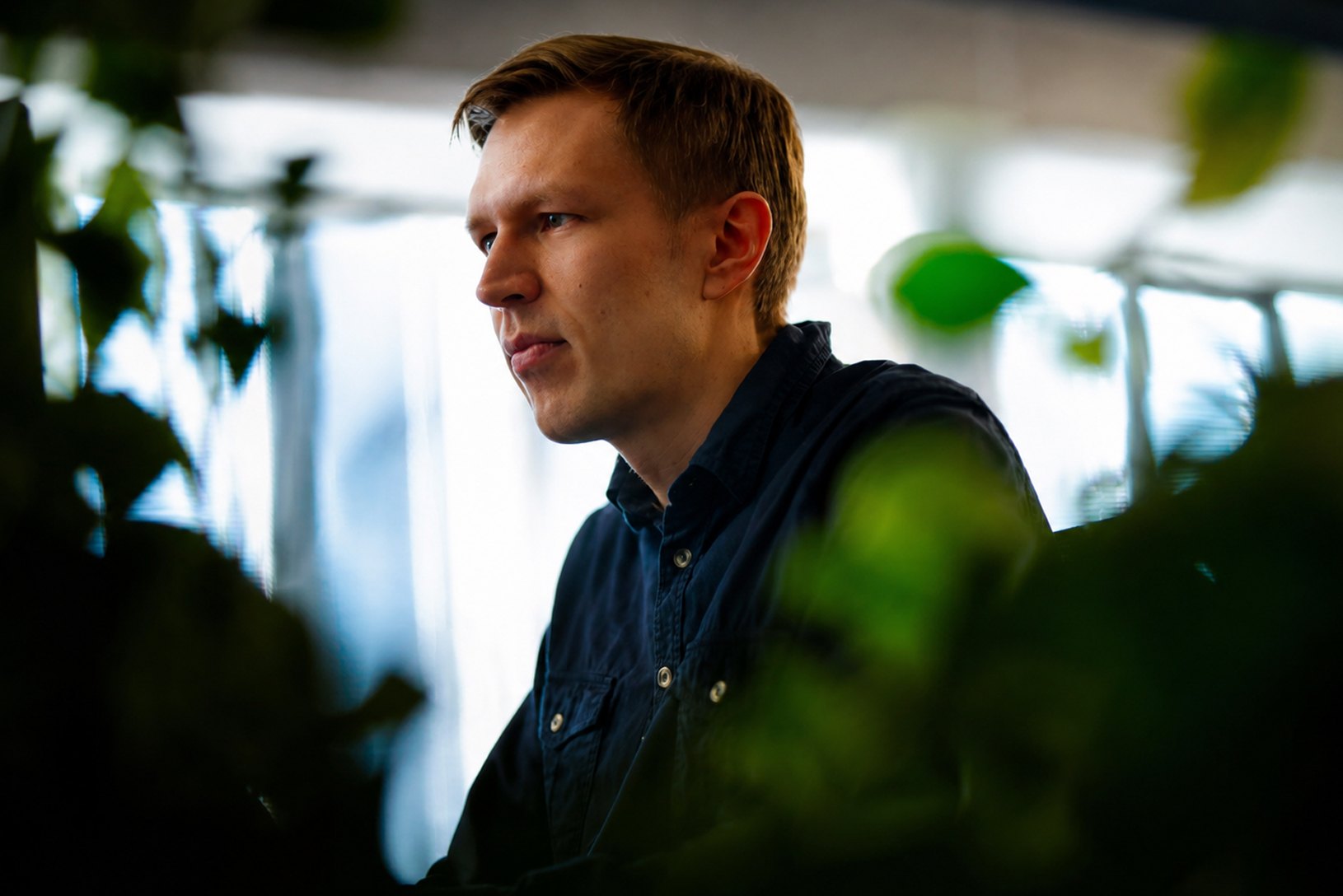 Developer in profile among office plants