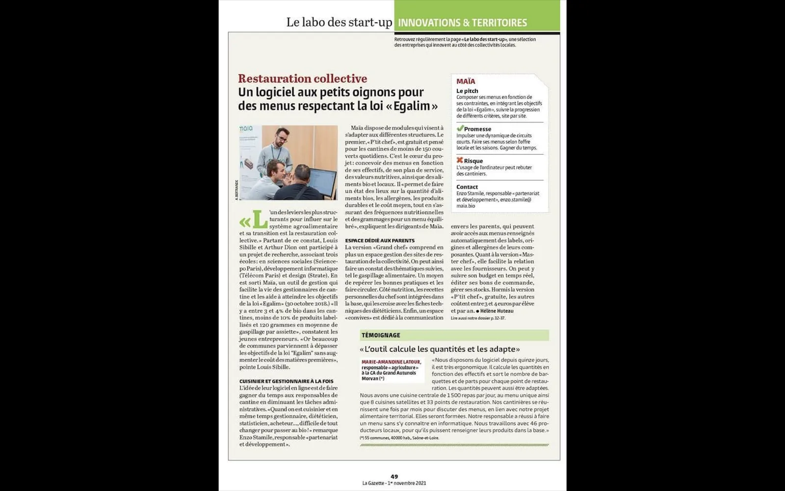 La Gazette des communes : "Un logiciel aux petits oignons pour des menus respectant la loi EGAlim"