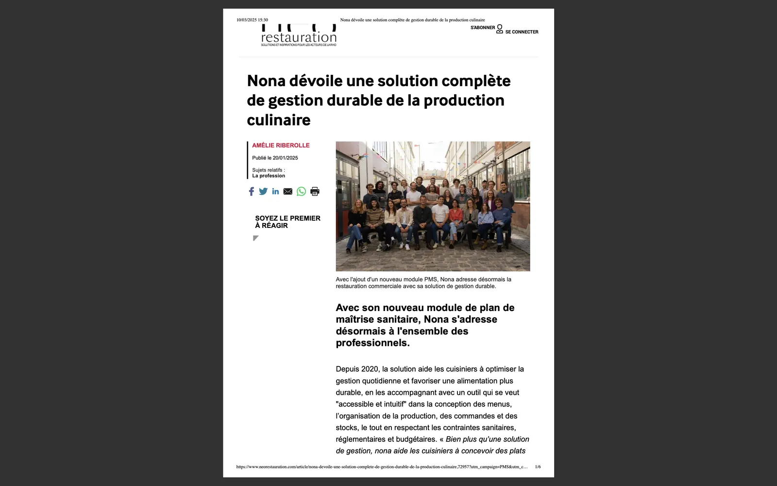 NEO RESTAURATION : "Nona dévoile une solution complète de gestion durable de la production culinaire"