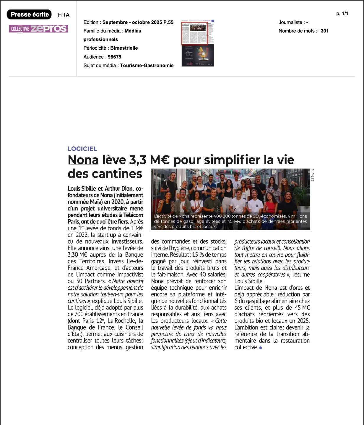 ZePros : "nona lève 3,3 M€ pour simplifier la vie des cantines"